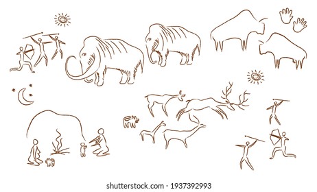 Ancient rock paintings illustration  Prehistoric cave paintings primitive people hunting mammoths   deer making cromagnan women campfires   playing and vector children 