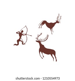 Ancient rock paintings show primitive people hunting on animals vector illustration