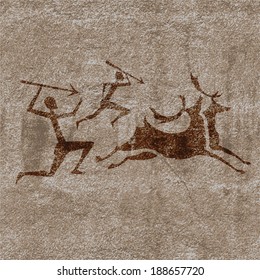 Ancient rock paintings show  primitive people hunting on animals vector illustration