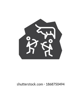 Ancient rock paintings vector icon. filled flat sign for mobile concept and web design. Ancient cave paint with hunter and animal glyph icon. Symbol, logo illustration. Vector graphics