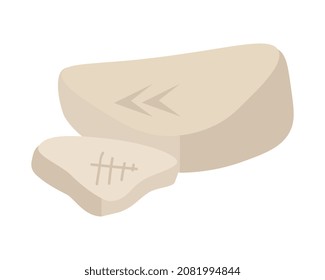 Ancient rocks with image. Old drawings of ancient people. Paleontology and archeology, ngakhodka and scientific research, history. Prehistoric landscape elements, BC. Cartoon flat vector illustration