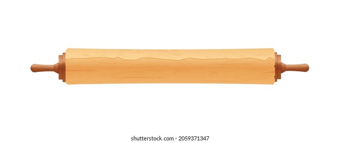 Ancient rolled paper papyrus. Closed old roll manuscript, historical document with wooden rod, symbol of ancient egypt. Realistic 3d vector illustration isolated on white