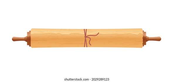 Ancient rolled papyrus or parchment paper tied with string. Closed old roll manuscript, historical document with wooden rod. Realistic 3d vector illustration isolated on white.