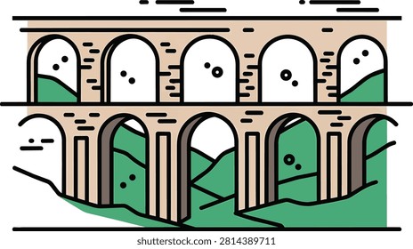 Ancient Roman Aqueduct Bridge Flat Design Vector Illustration