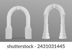 Ancient roman arch made of white clay with decorative ornate. Realistic 3d vector illustration set of greek stone pillar of temple building door or window decor. Antique classic architecture archway.