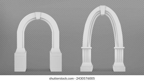 Ancient roman arch made of white clay with decorative ornate. Realistic 3d vector illustration set of greek stone pillar of temple building door or window decor. Antique classic architecture archway.