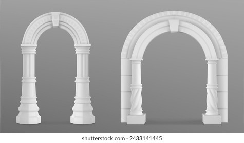 Antiker römischer Bogen aus weißem Ton mit dekorativer Verzierung. Realistische 3D-Vektor-Illustration-Set von griechischen Steinpfeiler des Tempelgebäudes Tür oder Fenster-Dekor. Antike klassische Architektur Torbogen.