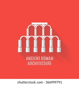 Ancient Roman architecture. Aqueduct with Long shadows. Vector flat illustration.