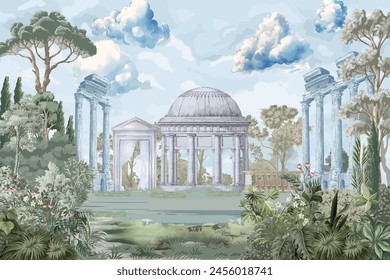 Arquitectura romana antigua con jardín, columna, ilustración del paisaje del árbol para el Fondo de pantalla