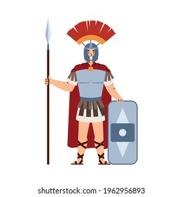 Ancient Roman army troop commander or legionary warrior in armour and helmet with plumage armed with spear, flat vector illustration isolated on white background.