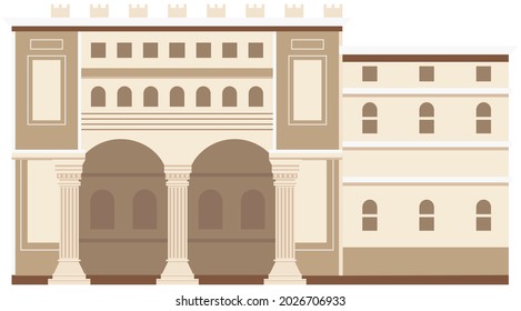 Ancient roman building, temple with columns and pediment, strategic development antique culture. Old temple isolated. Traditional historical construction. Ancient Greek building. European architecture