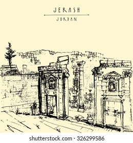 Ancient Roman city of Jerash, Jordan, Middle East. Black and white vintage artistic hand drawn postcard or poster in vector