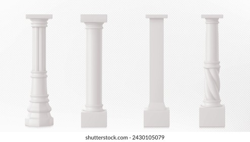 Ancient roman column made of white clay. Realistic 3d vector illustration set of greek stone pillar of temple building. Antique marble colonnade for historical construction decorative facade design.