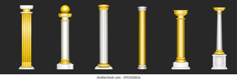 Ancient Roman Columns, Gold And White Marble Architecture Decor. Vector Realistic Set Of 3d Antique Greek White Stone Pillars With Golden Capitals Isolated On Black Background