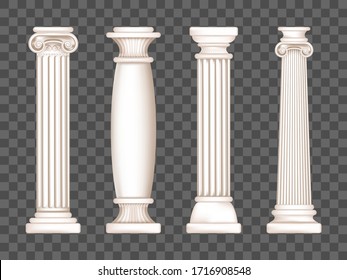 Ancient roman columns, marble architecture decor. Vector realistic antique greek white pillars with capitals in doric, corinthian, ionic and tuscan style isolated on transparent background