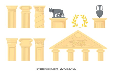 Ancient Roman columns and symbols vector illustrations set. Collection of drawings of pillars, sculpture, amphora, laurel wreath. Ancient Rome, architecture, history or culture, decoration concept