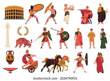 Ancient Roman Culture And History Symbols Set With Colosseum Amphora Gladiator Warrior Emperor Slave Citizens Flat Isolated Vector Illustration