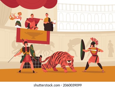 Ancient roman emperor watching fight between two gladiators and tiger on arena flat vector illustration