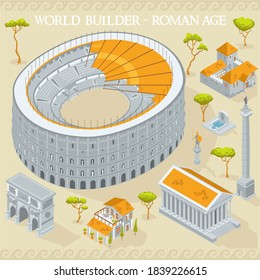 Ancient Roman Empire Age Map Builder Illustrations Of Architecture Elements In Isometric Isolated Vector Illustration