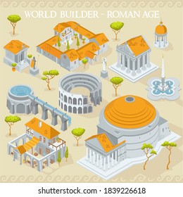 Ancient Roman Empire age map builder illustrations of architecture elements in isometric isolated vector illustration svg