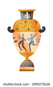 Ancient Roman empire amphora. Rome history and culture vector illustration. Golden and black jug or vase with drawing of people and decorative pattern on white background.