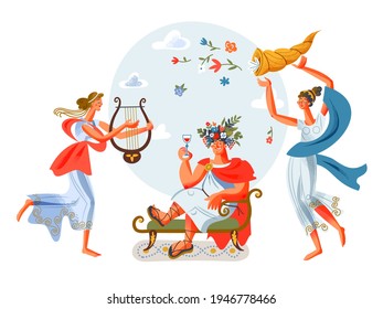 Ancient Roman empire emperor sitting, women playing music and dancing. Rome history and culture vector illustration. Young patrician in toga and sandals, girl plays on harp on white background.