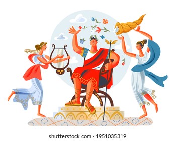 Ancient Roman empire emperor sitting, women playing music and dancing. Rome history and culture vector illustration. Young patrician in toga and sandals, girl plays on harp on white background.