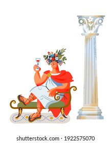 Ancient Roman empire man with glass of wine. Rome history and culture vector illustration. Young patrician in toga and sandals sitting and drinking on white background with column.