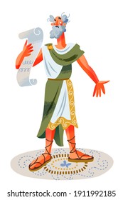 Ancient Roman empire man reading scroll of paper. Rome history and culture vector illustration. Old senator with beard in toga and sandals standing and talking on white background.