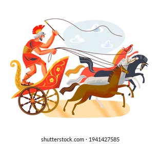 Ancient Roman empire man riding in cart with horses. Rome history and culture vector illustration. Young guy standing and riding in race, speeding up animals on white background.