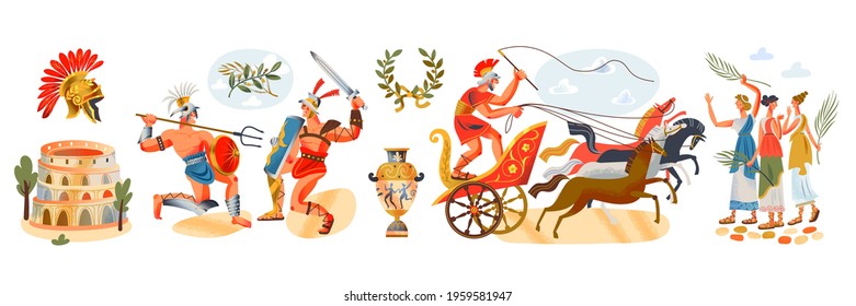 Ancient Roman Empire People And Elements Set. Rome History And Culture Vector Illustration. Gladiators Fighting, Colosseum, Women, Man In Cart With Horses, Amphora On White Background.