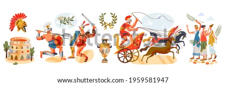 Ancient Roman empire people and elements set. Rome history and culture vector illustration. Gladiators fighting, Colosseum, women, man in cart with horses, amphora on white background.