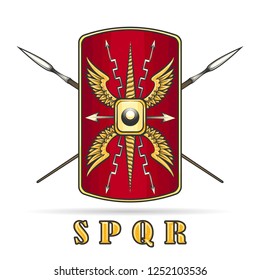 Ancient Roman Empire Warriour Shield and Crossed Spears.  Vector illustration.