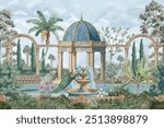 Ancient Roman garden with balustrade, fountain, temple, dome, peacock, parrot, bird, flower seamless pattern illustration