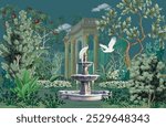 Ancient Roman garden with fountain, temple, dome, peacock, parrot, bird, flower, wallpaper illustration.
