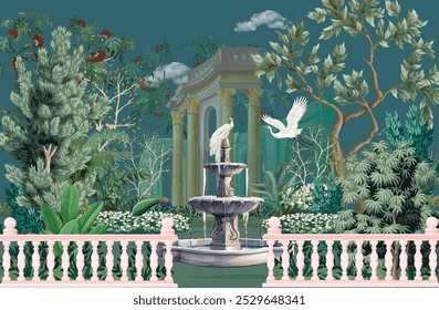 Antiker römischer Garten mit Brunnen, Tempel, Kuppel, Pfau, Papagei, Vogel, Blume, Tapete Illustration.
