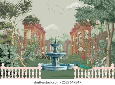 Antigo jardim romano com fonte, templo, cúpula, pavão, papagaio, pássaro, flor, papel de parede ilustração.