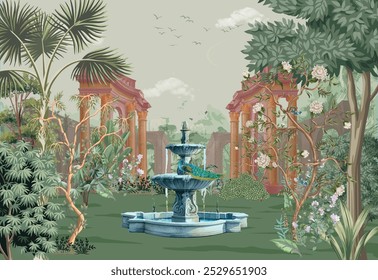 Ancient Roman garden with fountain, temple, dome, peacock, parrot, bird, flower, wallpaper illustration.