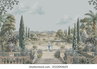 Antiga paisagem de jardim romano com palácio, fonte, pavão, vaso de flor, árvore, lago ilustração para papel de parede