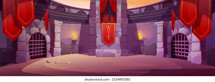 Ancient roman gladiator arena with red imperial flags, fire in torch on wall, lattice gates and royal chairs on tribune. Cartoon vector ancient Greek amphitheater round scene for warrior fighting.