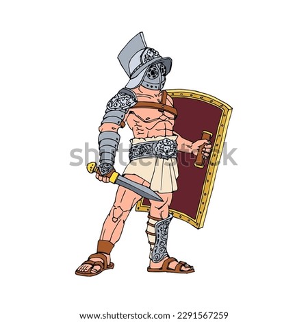 An ancient Roman gladiator with a gladius and a heavy shield. Color vector illustration with black contour lines isolated on a white background in a cartoon style.