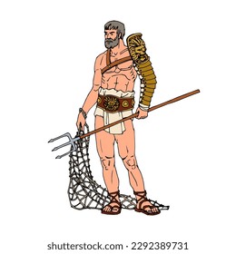An ancient Roman gladiator retiarius with a trident and a net. Color vector illustration with black contour lines isolated on a white background in a cartoon style.