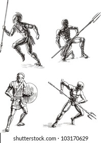 Ancient Roman Gladiators. Set of black and white vector sketch illustrations.