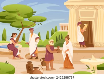 Ancient roman or greece people. Civilian population, male and female characters in tunics, cypresses trees, coliseum and amphitheater columns, temple