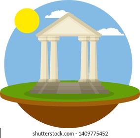 Ancient Roman and Greek building with columns and pediment. temple of God. green meadows. a place for religious rituals - Cartoon flat illustration. Summer day. old stone landmark.