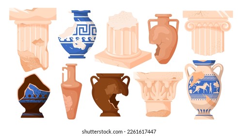 Ancient Roman and Greek columns and amphoras set vector illustration. Cartoon broken ceramic vases and clay jar for wine with old traditional pattern, classic temple pillars with carving and cracks