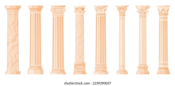 Ancient Roman or Greek pillars. Ancient architecture clones for pantheon, temple. Beautiful decorated pillars. Vector illustration