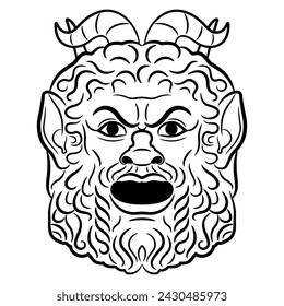 Ancient Roman mask of satyr or god Pan. Face of a bearded horned man. Antique mythology. Black and white linear silhouette.