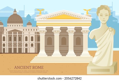 Ancient roman pantheon temple column building in city square, antique culture structures and statue. Italian landmark Pantheon old temple in city square. Traditional historical landscape ancient times