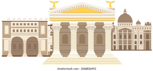 Ancient roman pantheon temple column building rome tiles, strategic development antique culture. Italian landmark Pantheon, old temple in city square. Traditional historical landscape ancient times